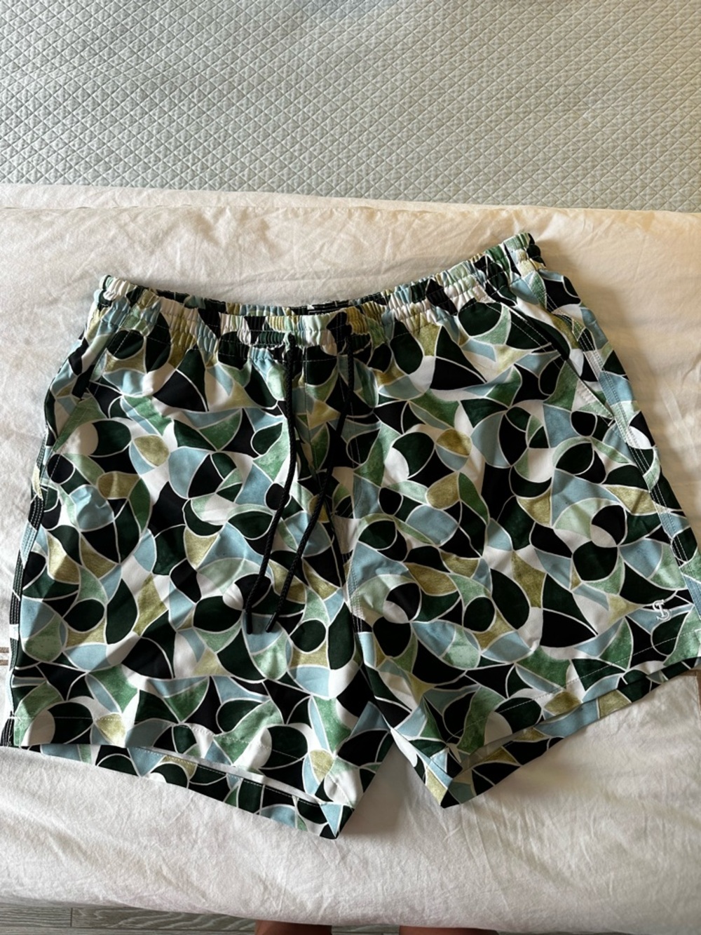 Men’s Todd Snyder Swim Trunks with Green, Black and Light Blue Pattern